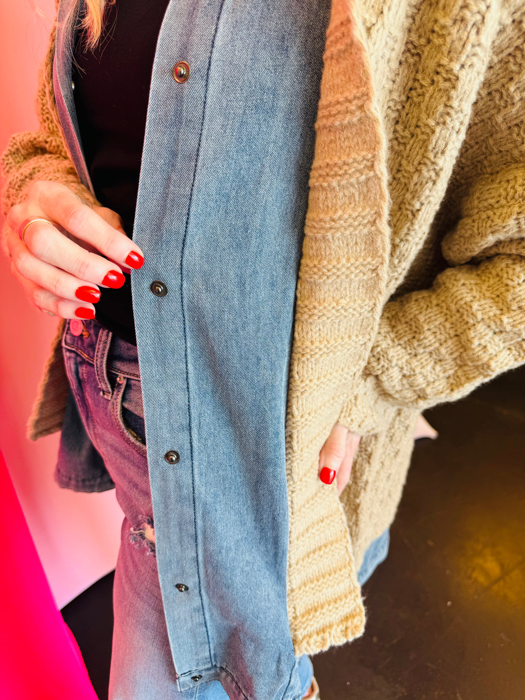 Latte Denim Contrast Cardigan