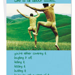 A funny birthday card with a text-based design about the many roles of asses in life.