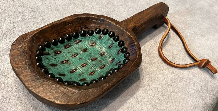 Beaded Wooden Scoop with Embossed Leather and Cowhide