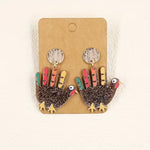 Turkey-shaped earrings on a cardboard backing with a white background