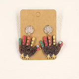 Turkey-shaped earrings on a cardboard backing with a white background