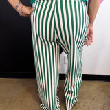 Dark Green Striped Wide Leg Pants