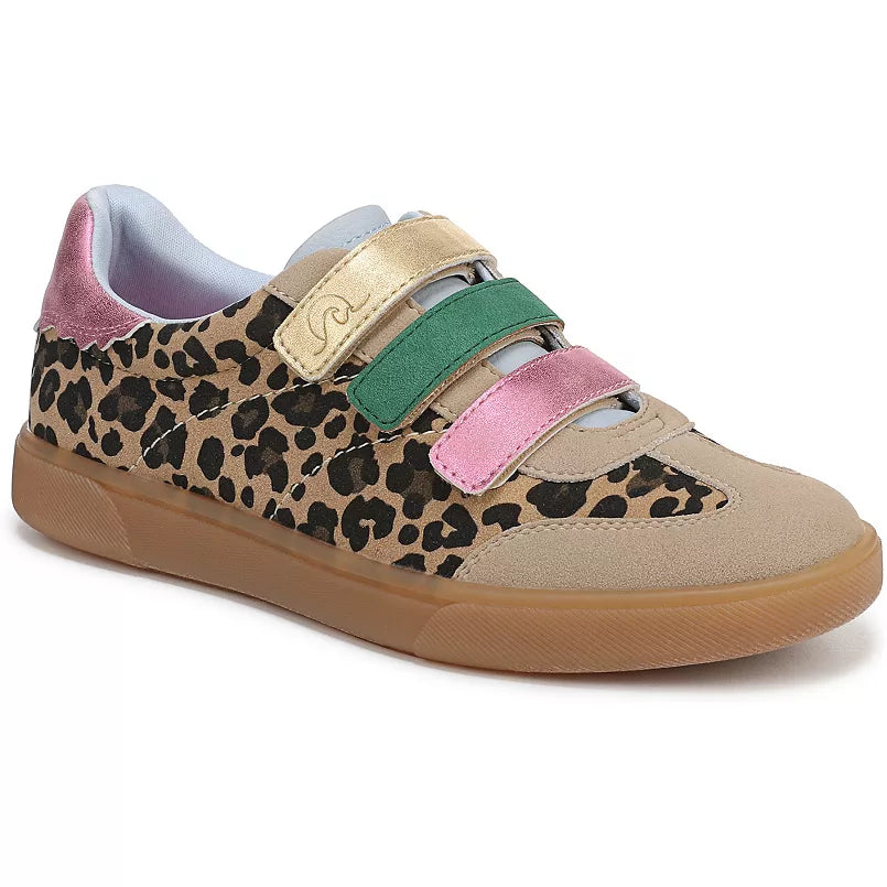 Blowfish Tucson leopard sneakers with pastel metallic green, pink, and yellow velcro straps and pink heel tap