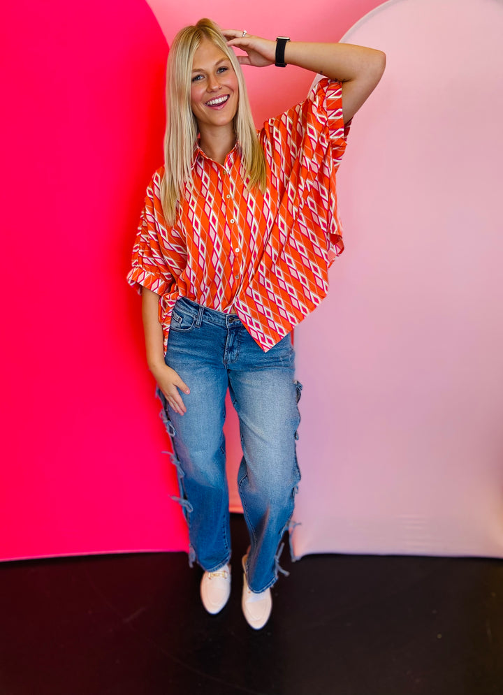 Tangerine Print Dolman Sleeve Top