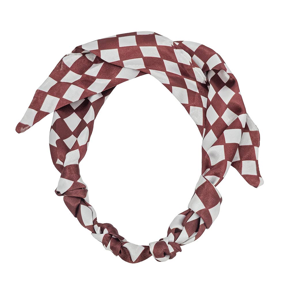 Burgundy and white checkered gameday scarf necklace, customizable with charms.