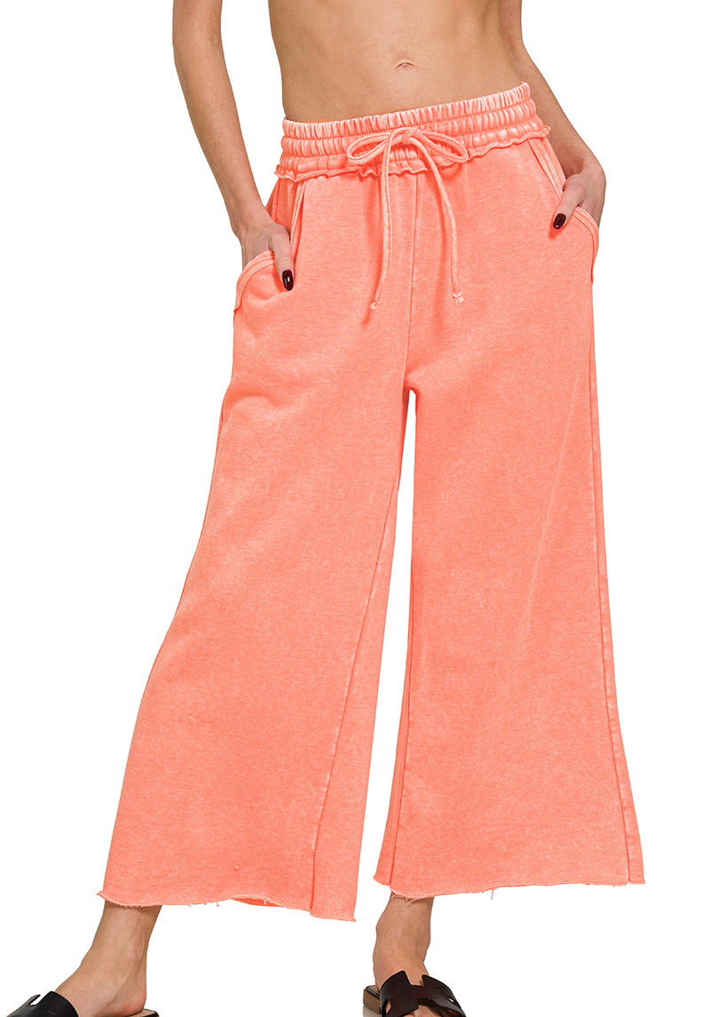 Cropped wide leg acid washed fleece sweatpants.