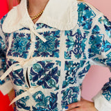 Queen Of Sparkles White & Blue Italian Tiles Tie Collar Long Sleeve Cotton Top