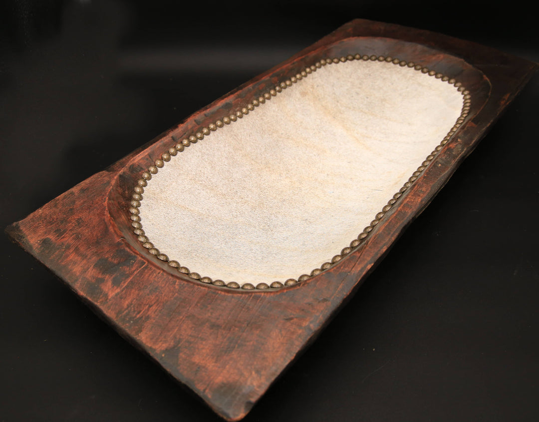 Beaded Classic Dough Bowl with Embossed Leather and Cowhide