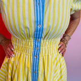 Yellow Stripe Print Puff Sleeve Dress
