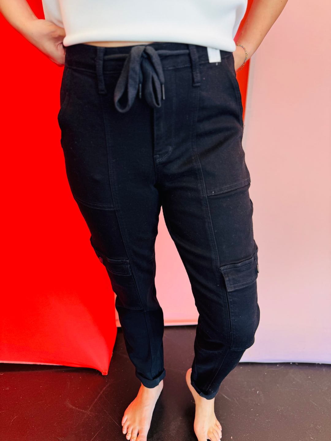 Judy Blue high waisted black denim cuffed cargo jeans