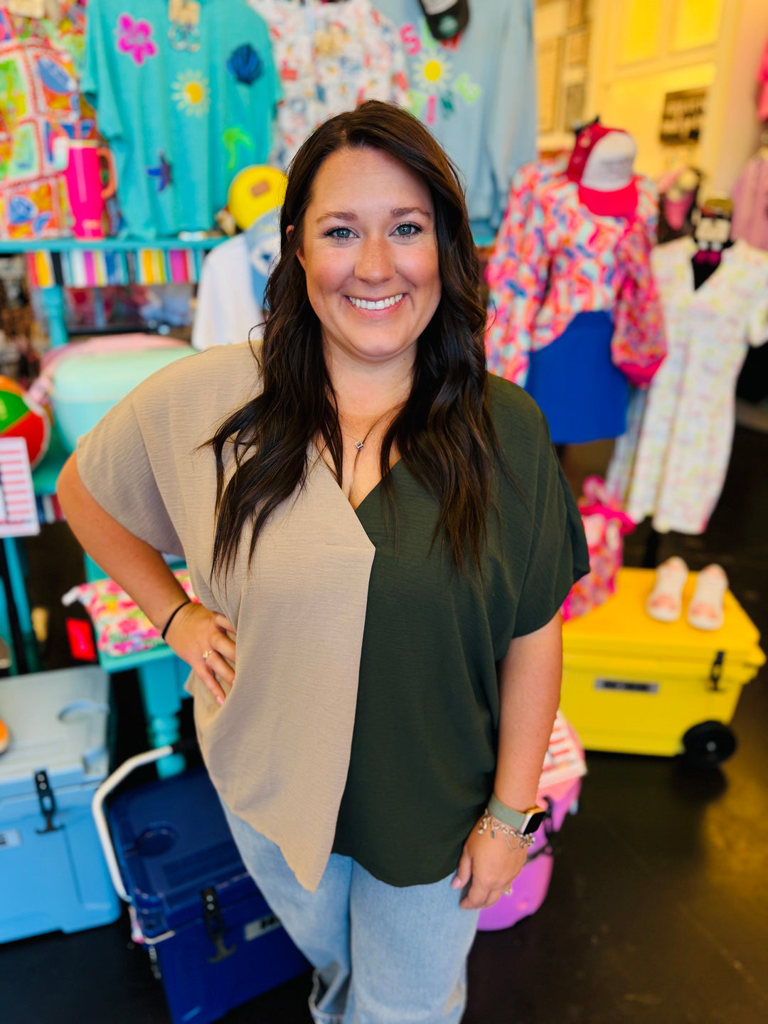 Coco/Olive Colorblock V-Neck Top