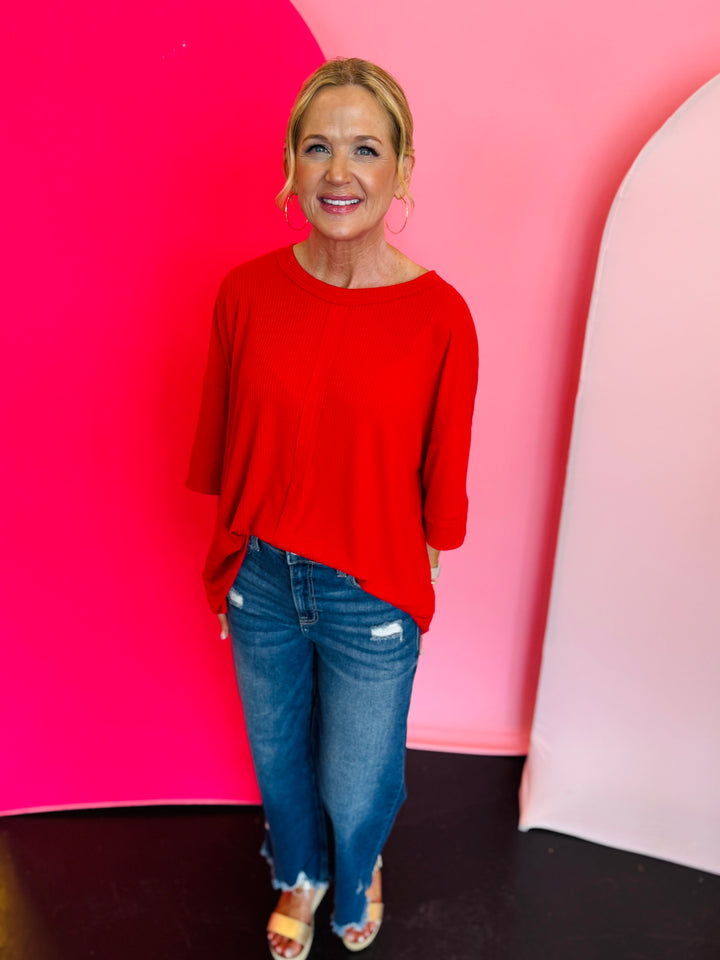 Ruby Red Ribbed Boat Neck Top