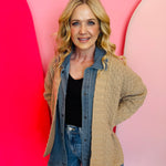 Latte Denim Contrast Cardigan with knit body, washed denim panels, and relaxed open-front design.