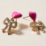 Pink Heart & Bow Rhinestone Earrings