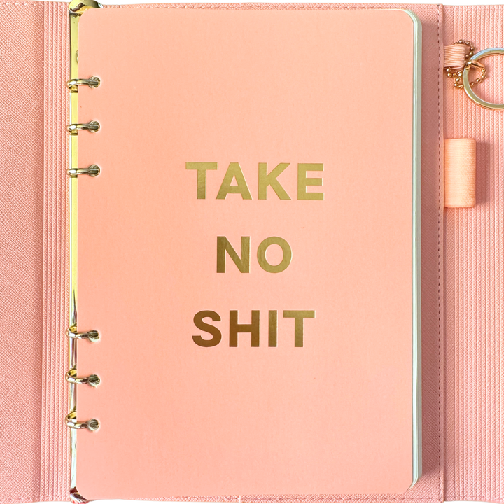 Front page of pink magnetic closure journal folio and calendar with gold graphics.