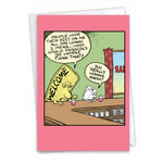 A funny birthday card featuring a talking welcome mat complaining about its day.