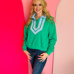 Emerald varsity pullover with chevron stripes and collared quarter-zip neckline in soft French terry.
