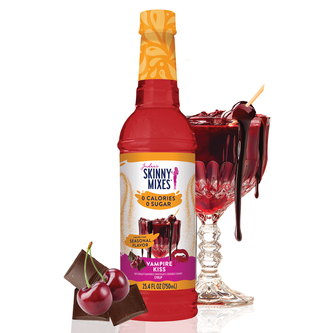 Skinny Mixes Vampire Kiss syrup bottle, sugar-free black cherry and chocolate flavor, 0 calories, 0 sugar.