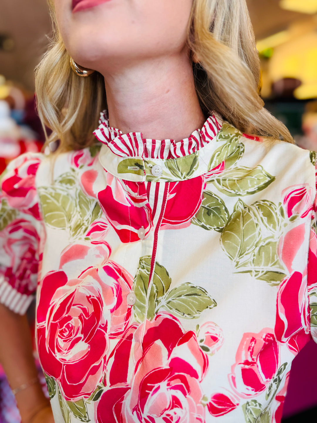Fuchsia Ruffled Mock Neck Floral Top