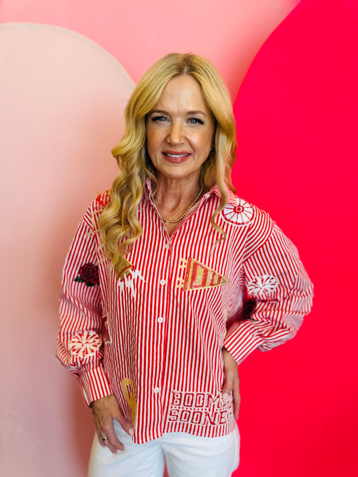 Queen Of Sparkles crimson red and white stripe icon University Of Oklahoma game day blouse.