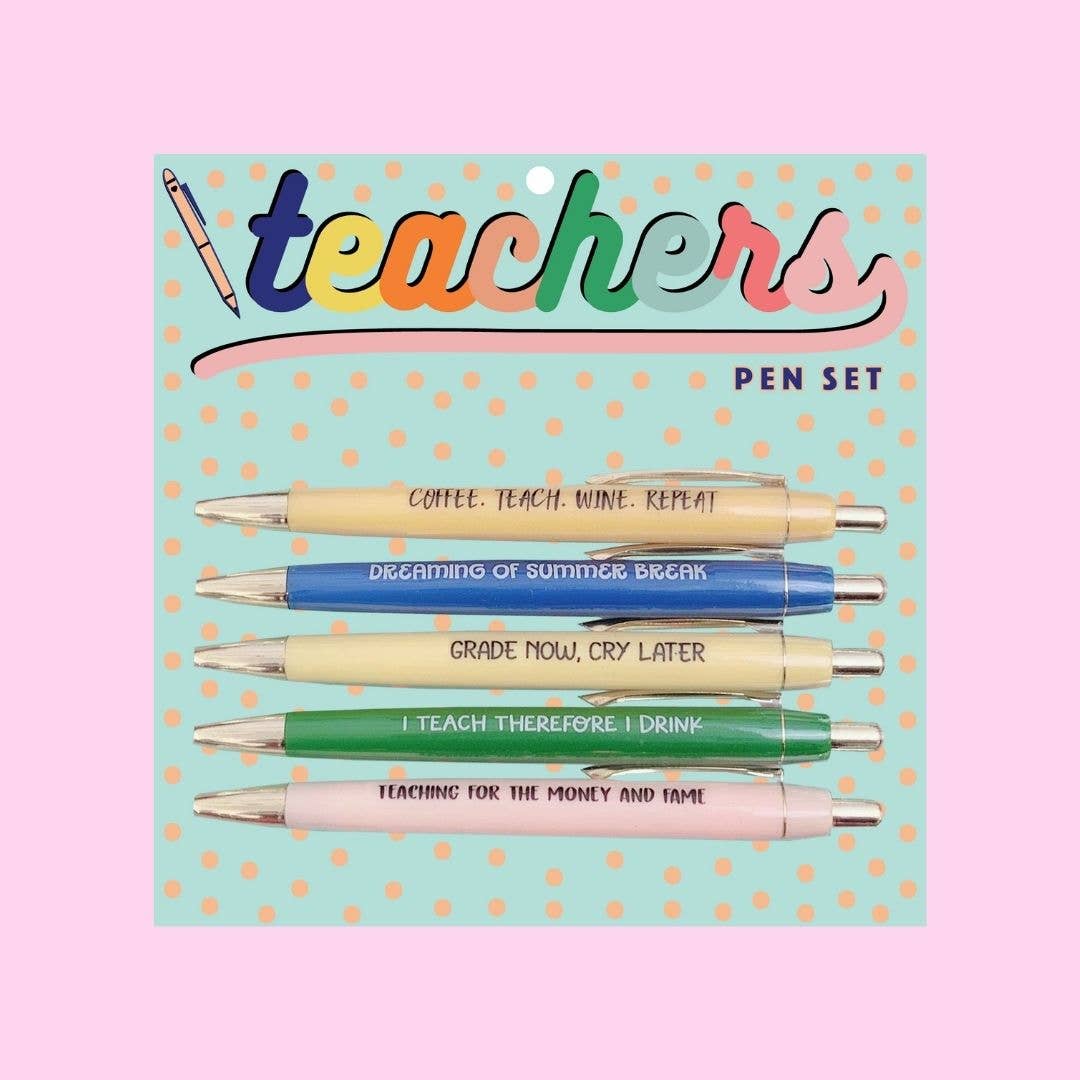 Set of pens with humorous sayings on a polka dot card labeled 'Teachers Pen Set' 