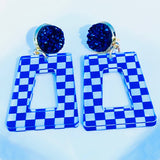 Blue & White Checkered Drop Earrings