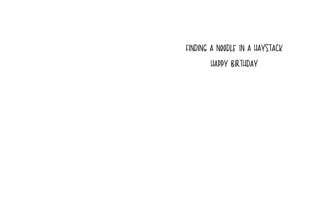 the inside of a birthday card that says "Finding a noodle in a haystack. Happy Birthday." 
