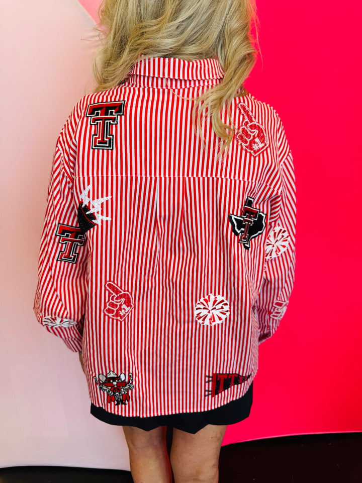 Back side of Queen Of Sparkles red and white striped icon Texas Tech game day blouse.