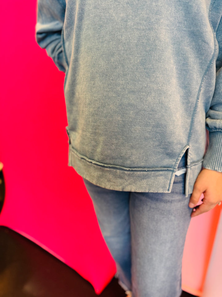 Blue Grey Acid Wash Fleece Sweatshirt