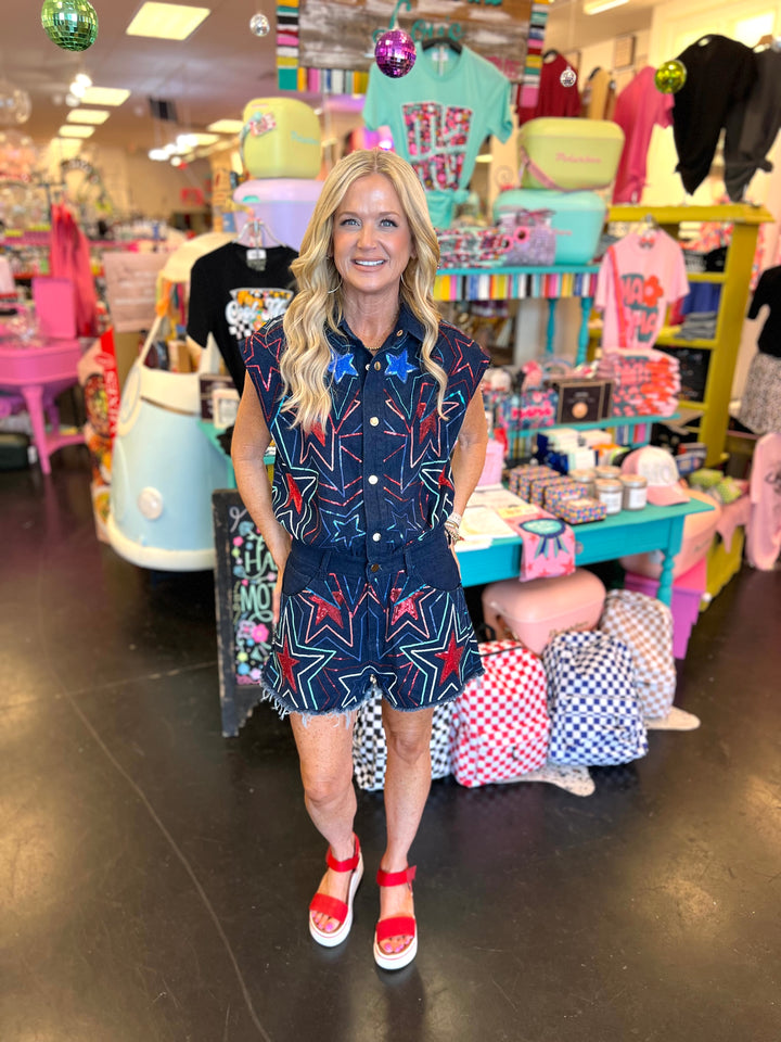 Queen Of Sparkles Denim Groovy Star Romper