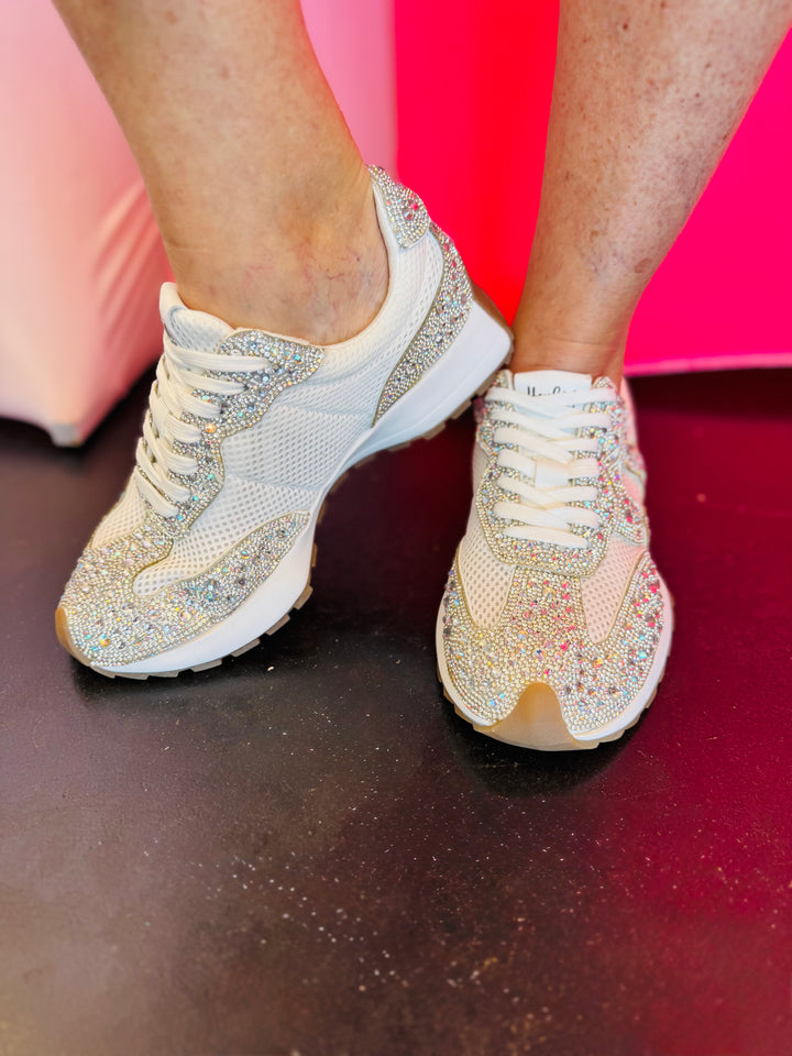 Detailed view of Corky's rhinestone-covered mesh sneakers showing sparkle and lace-up closure.