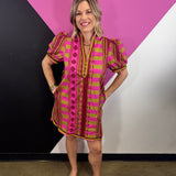 Pink Mixed Print Puff Sleeve Dress