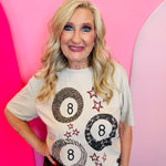 Tan tee with leopard print 8 ball graphic and western star accents.