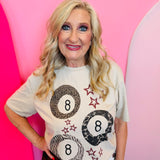 Tan tee with leopard print 8 ball graphic and western star accents.