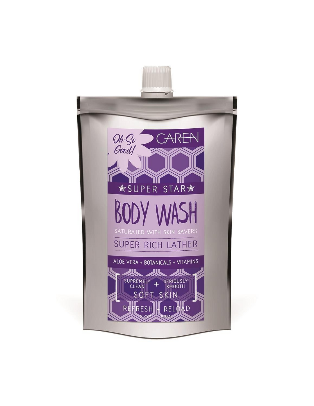 A 3 oz travel-sized pouch of "Purple Loved" body wash