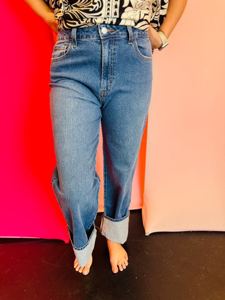 Zenana High Rise Cuffed Wide Leg Denim Jeans