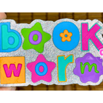 90s Bookworm freshie with colorful retro lettering and flower details.