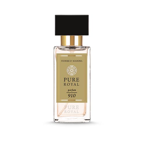 A bottle of 910 Royal Perfume with a gold-colored label and black cap inspired by Baccarat Rouge.