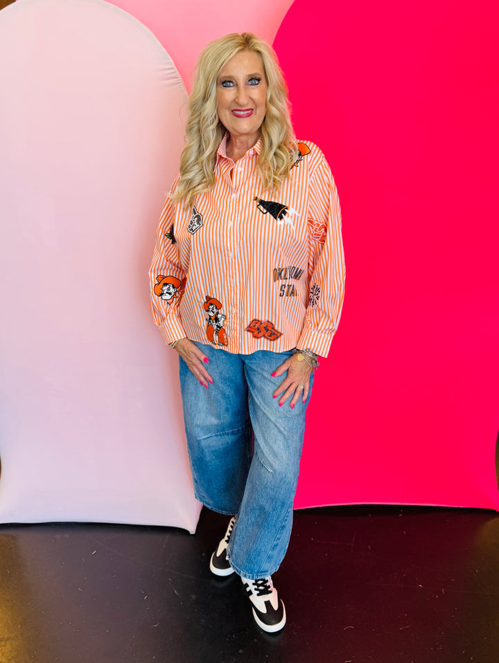 Queen Of Sparkles orange and white striped icon Oklahoma State University game day blouse.