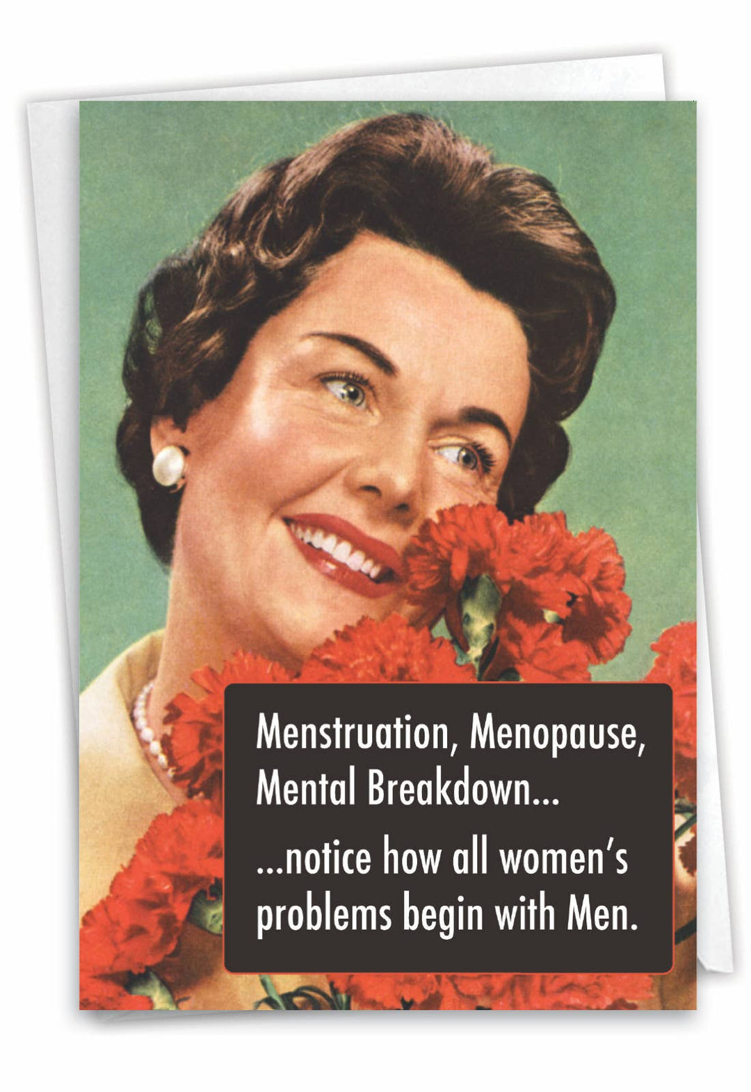 A vintage-style birthday card with a witty quote about women's problems beginning with men.