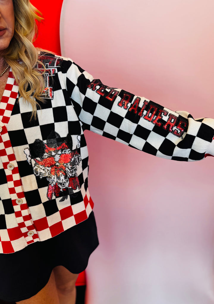 Queen Of Sparkles Texas Tech Checkered Team Icons Cardigan