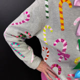 Queen Of Sparkles Grey Multi Candy Cane Multi Bow Sweater
