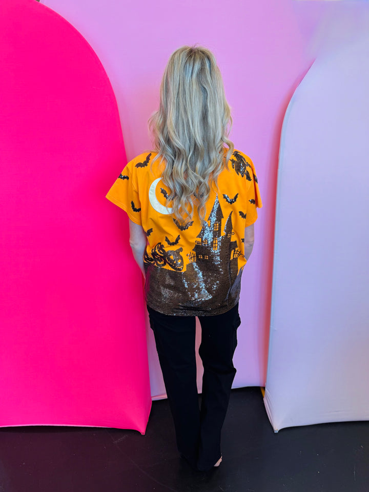 Queen Of Sparkles Orange & Black Halloween House Tee