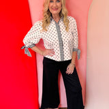 Cassidy White Polka Dot/Stripes Tie Sleeve Top