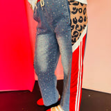 Red Striped Rhinestone Denim Joggers