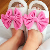 White/Solid Pink Open Toe Cozy Bow Slippers