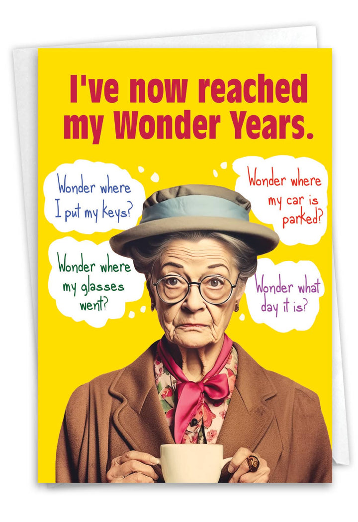 A text-based birthday card humorously describing the "Wonder Years" of aging and forgetfulness.