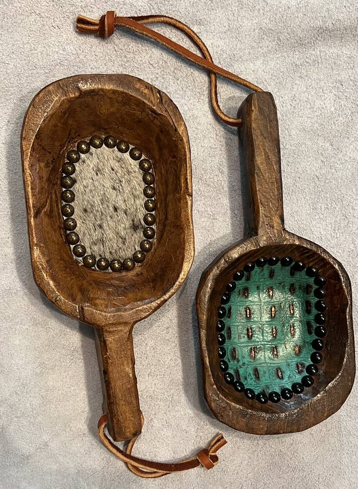 Beaded Wooden Scoop with Embossed Leather and Cowhide