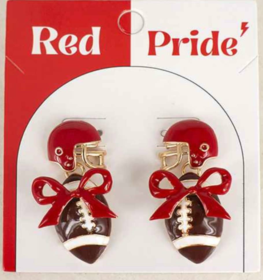 Red and gold 1.75-inch dangle earrings with bow and football design.