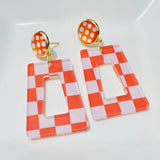 Checkered Acrylic Dangle Earrings - Orange/White